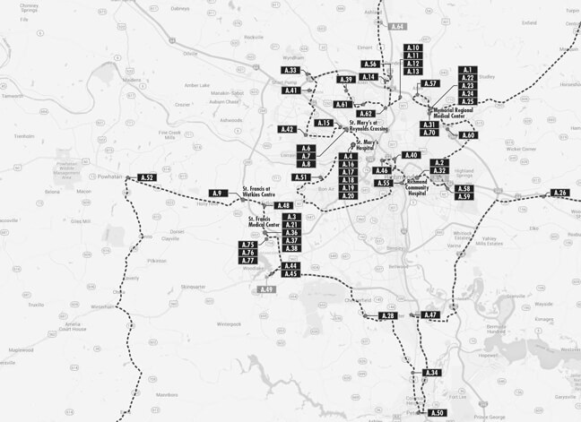 Typical site locations map: Richmond, VA. A typical site locations map includes numerous hospitals, medical offices, nursing homes and accessory medical facilities.