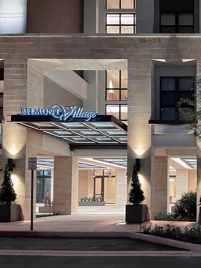 Belmont Village Senior Living – Coral Gables: Exterior Canopy Mounted Graphic CMG (Night)